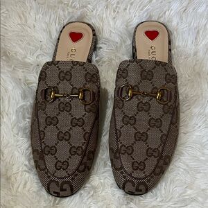 Gucci Brown Monogram Loafers with Gold Detail
